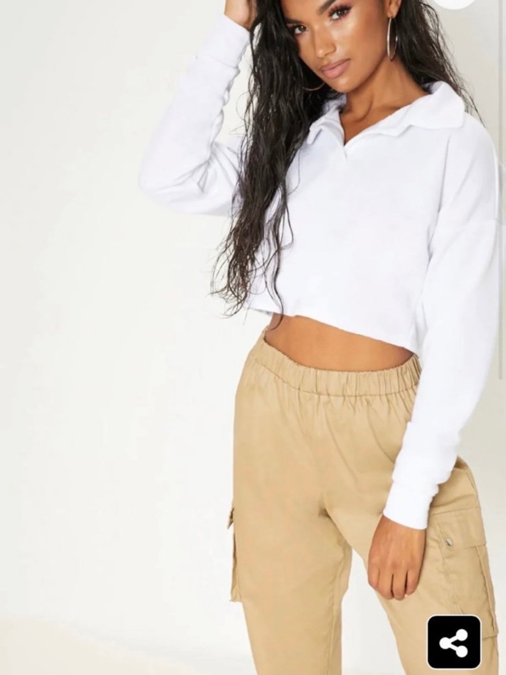 PrettyLittleThing White Cropped Collared Long Sleeve Top